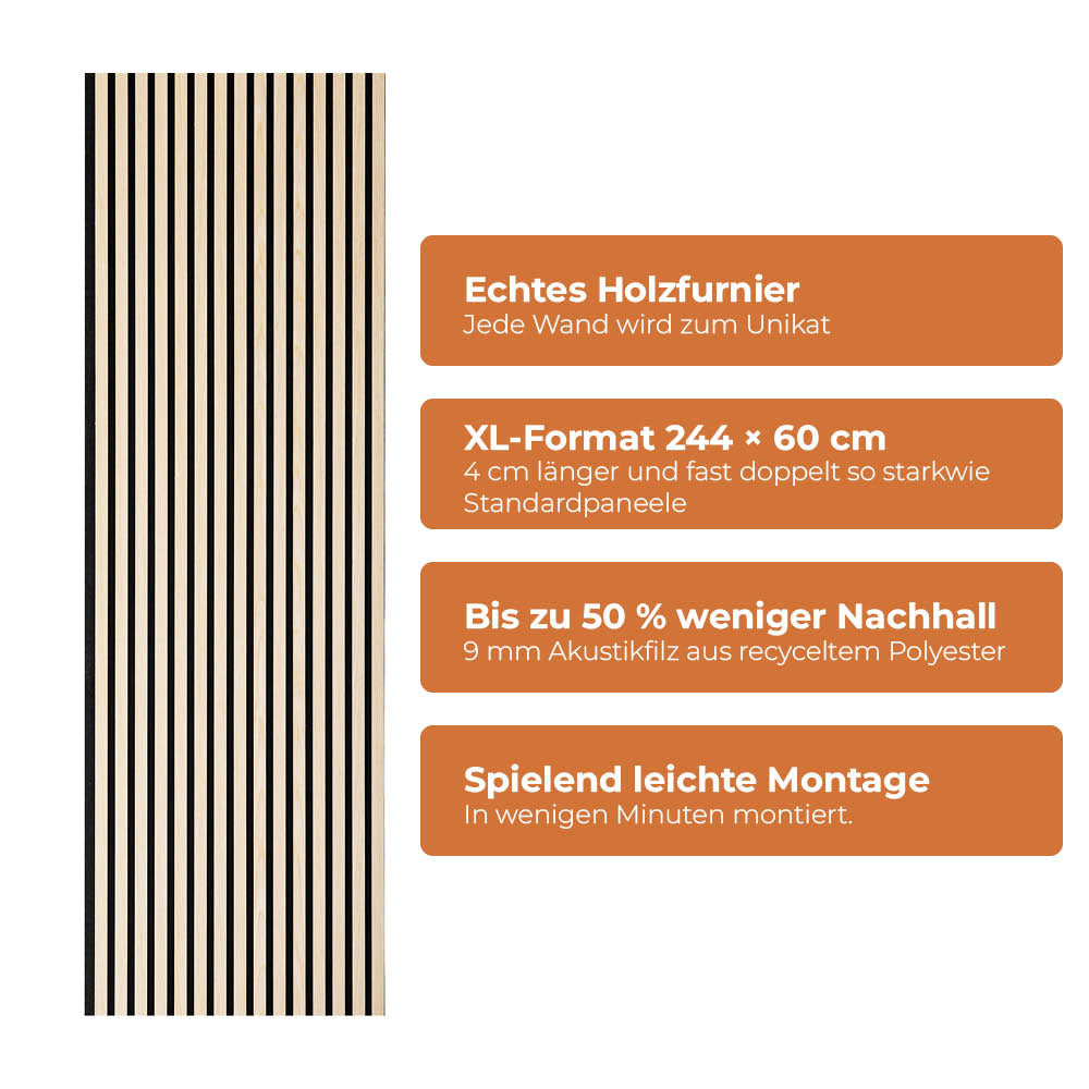 Akustikpaneel Premium Kiefer – Filz Schwarz 244 × 60 cm