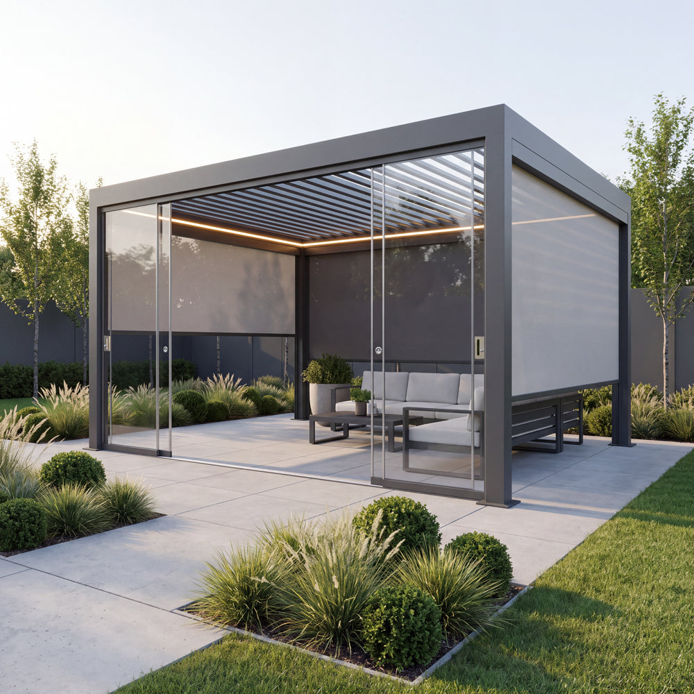 Glaswand-Element 4 m an der SkyShade Pro geöffnet: mittlere Flügel zur Seite geschoben